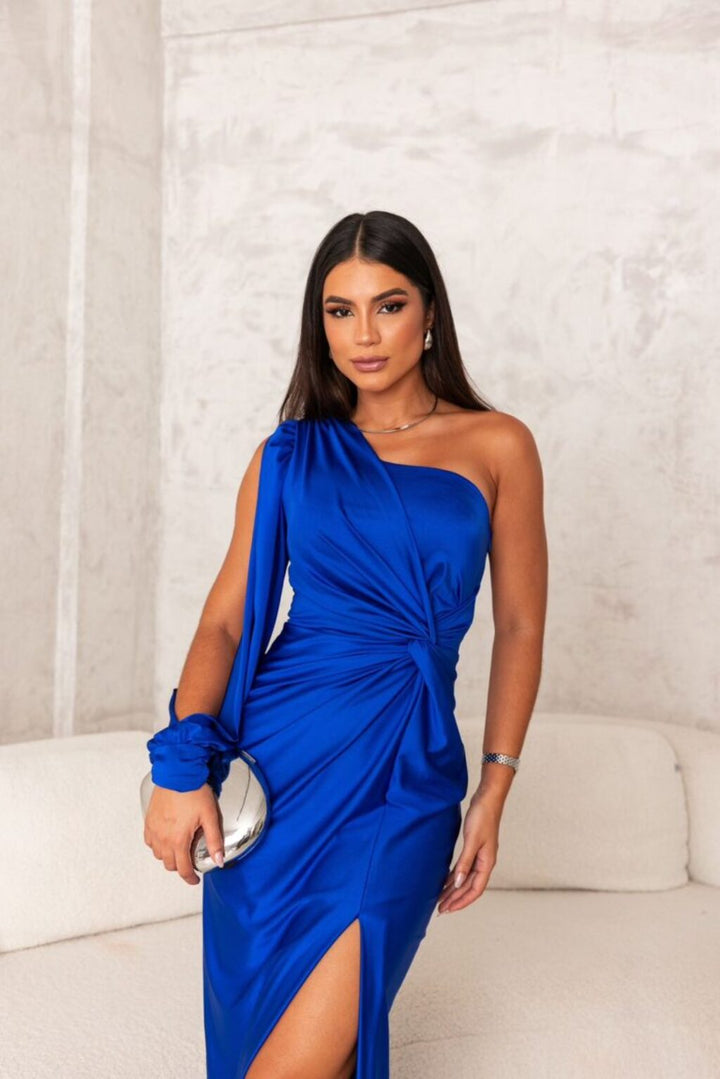 Stunning one shoulder formal dress, a long evening gown with elegant ruching.