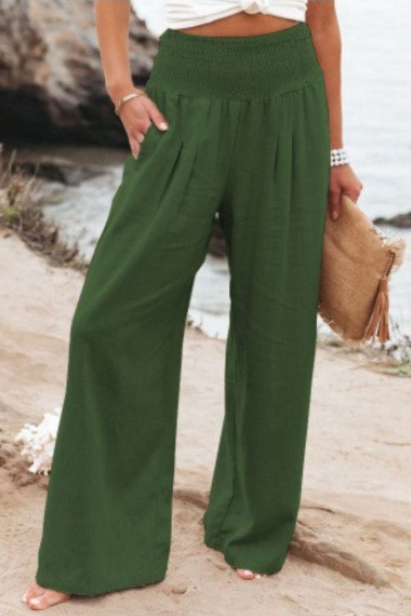 Boho-chic women's palazzo trousers, wide-leg and high-waisted for comfortable elegant summer fashion.