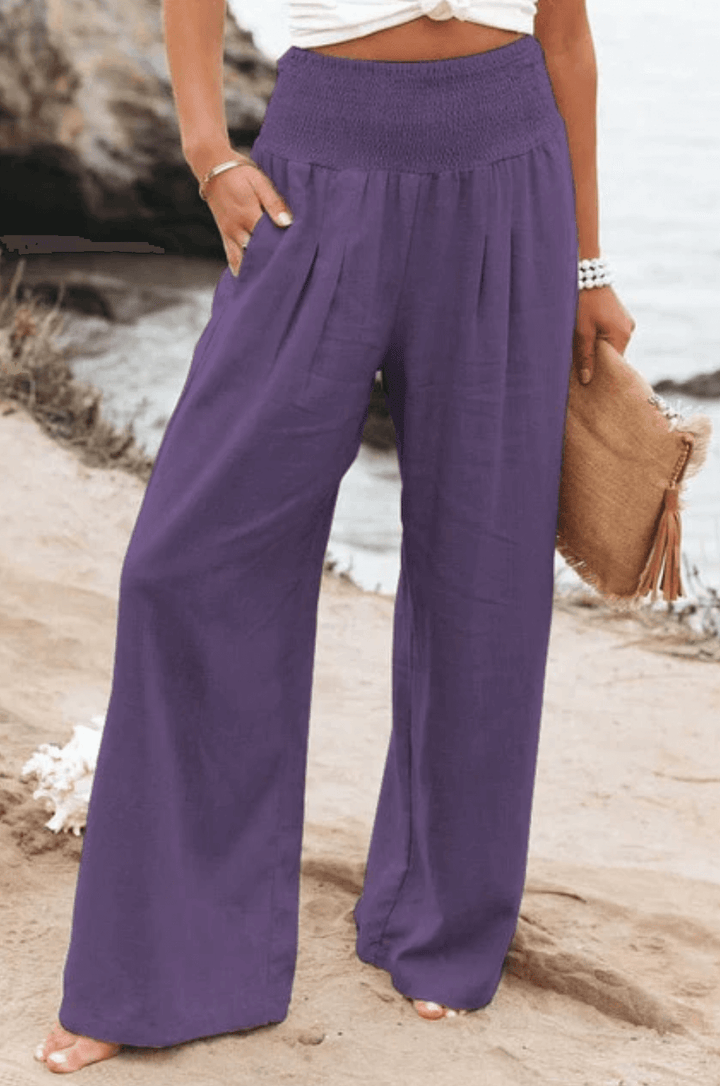 Women's summer palazzo pants, combining comfortable wide-leg fit with chic high-waist boho style.