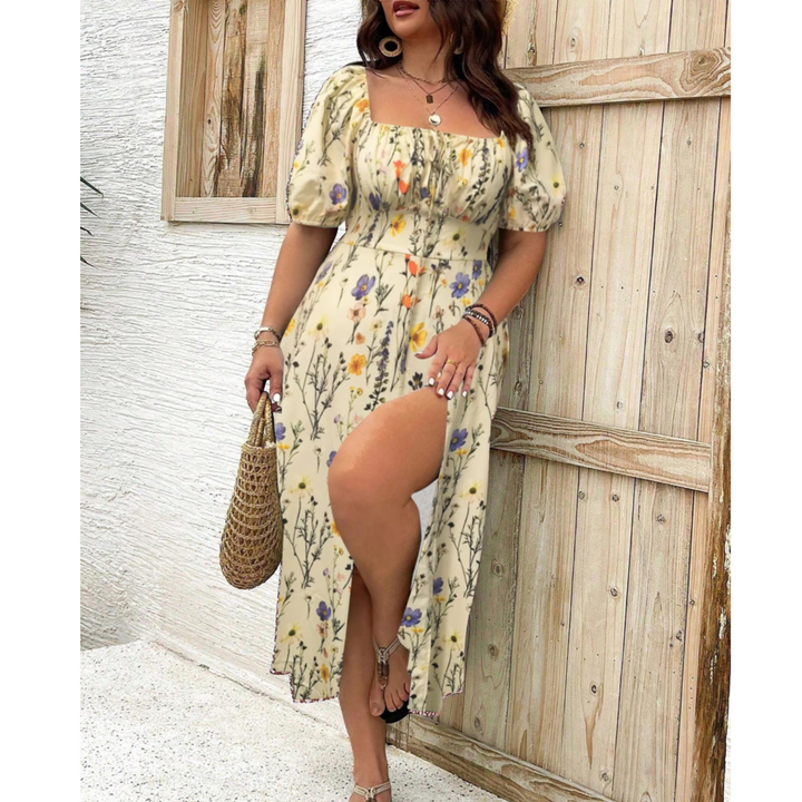 Stylish plus size women's maxi dress with elegant puff sleeves. Offers a comfortable, flattering, and versatile fit.