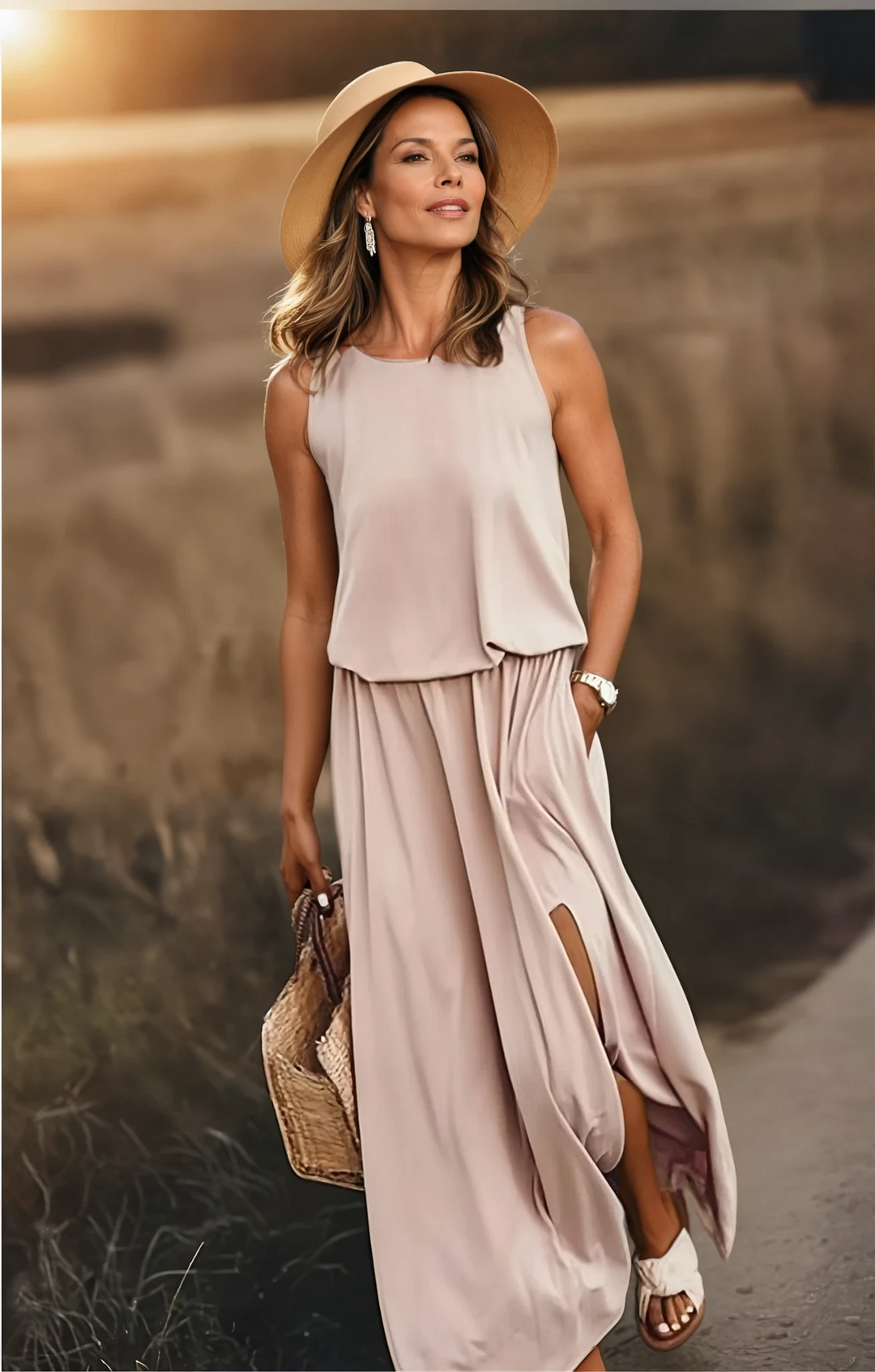 Women's sleeveless maxi dress with pockets, ideal for warm weather and elegant casual wear.