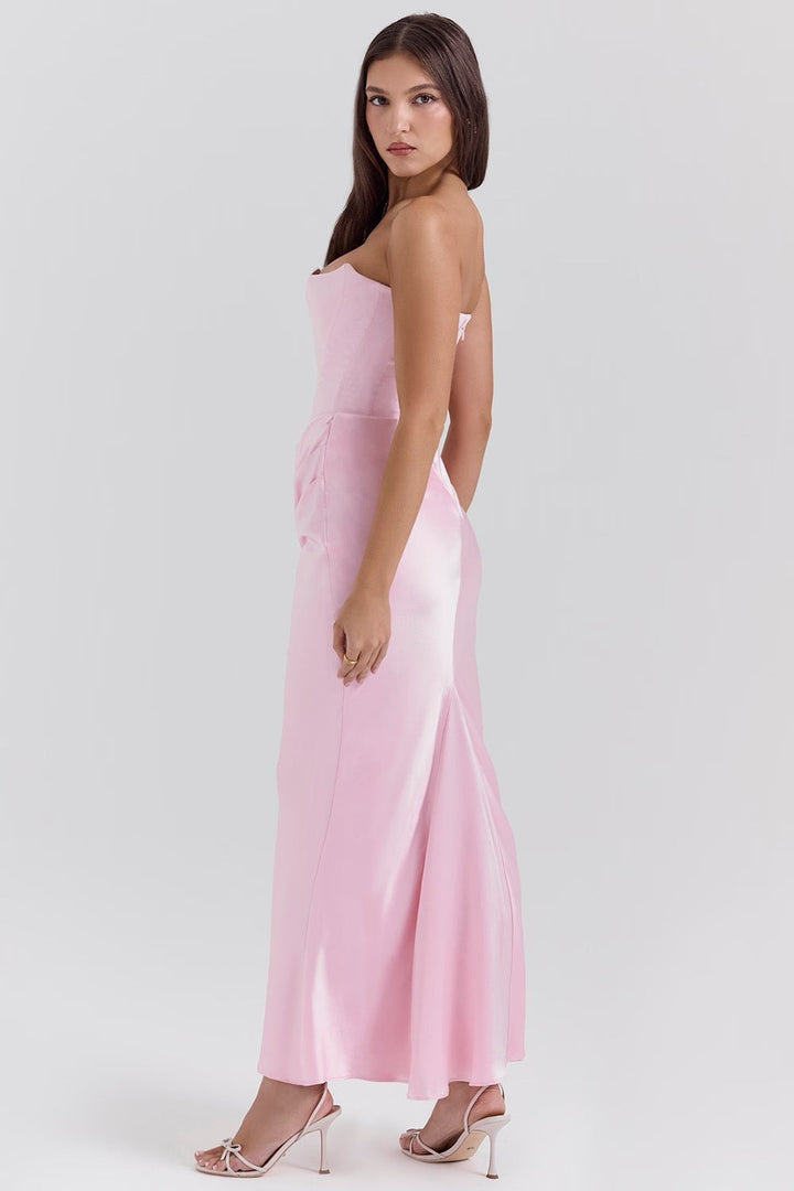Exquisite detailing on this strapless corset maxi wedding guest dress, perfect for galas.