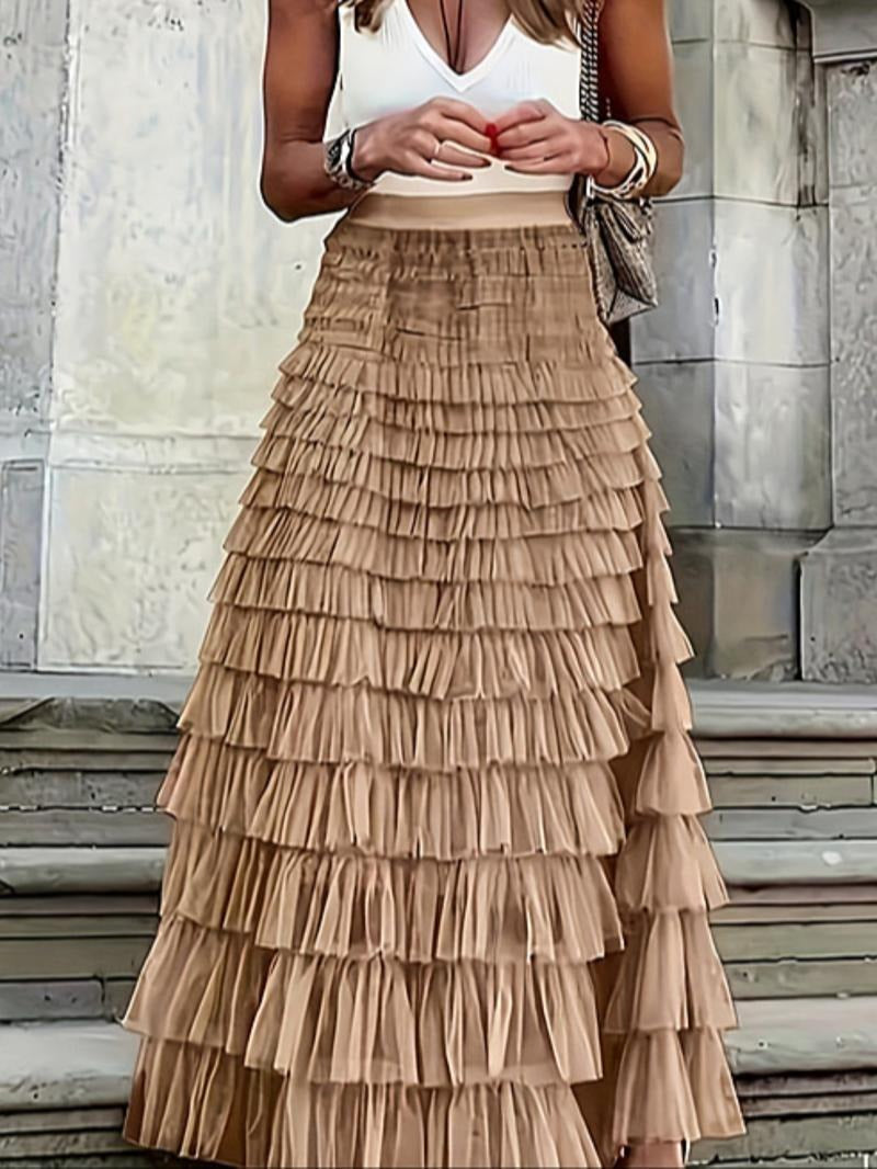 Elegant women's black tulle tiered maxi skirt, perfect for evening wear & parties, flowy, fashion