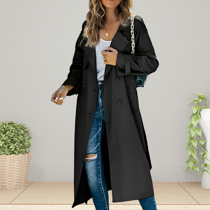 Close-up of women's classic trench coat fabric & double-breasted detail, perfect for midseason elegance.
