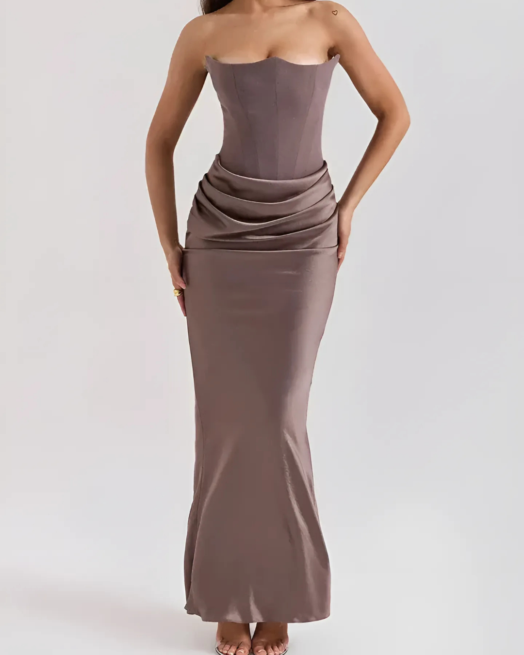 Elegant women's draped maxi dress in a flowing fabric, perfect for wedding guests, formal events, and evening wear.