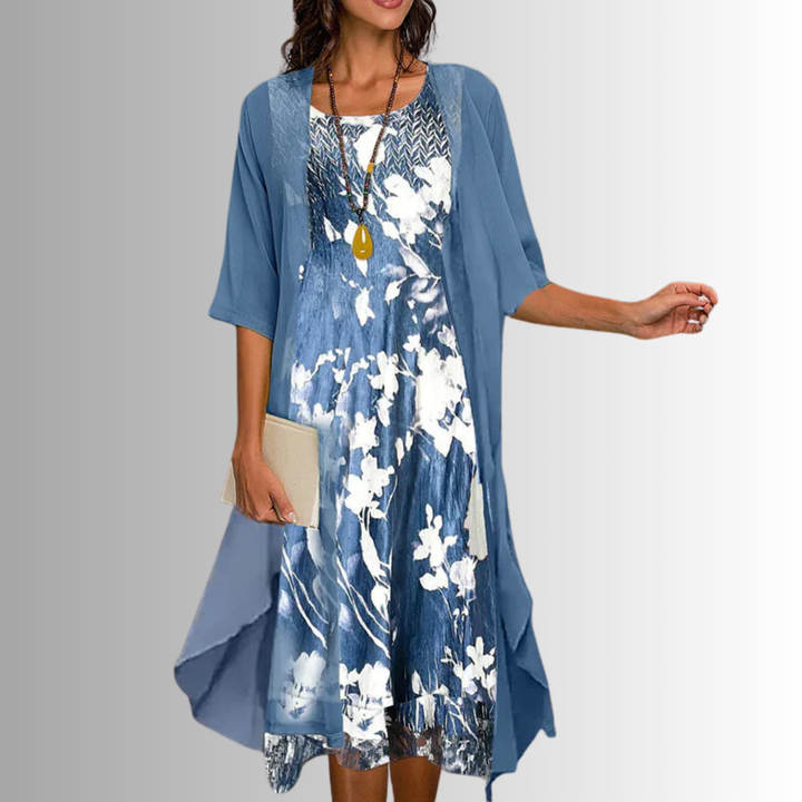 Stylish sheer open-front cardigan from the women's floral midi dress set, adding a light, layered look.