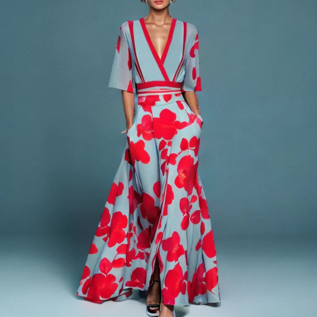 Elegant women's floral wrap maxi dress with V-neck, perfect for summer casual or party wear.