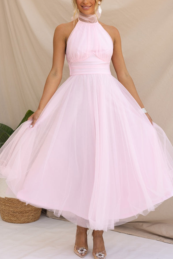 Chic women's formal halter maxi dress, elegant wedding guest attire or special occasion evening gown.