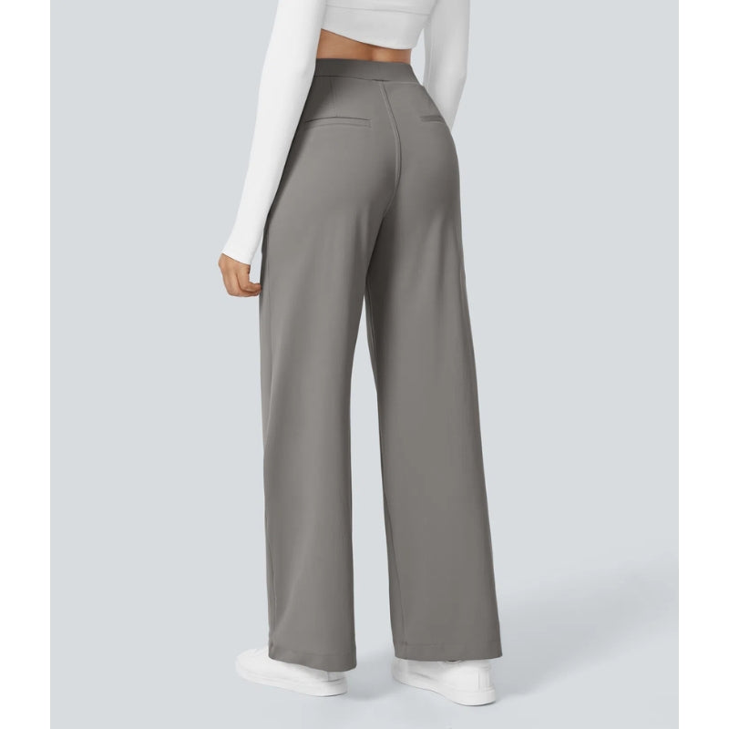 Elegant women's high waisted wide leg tailored pants in classic black, perfect for business casual.