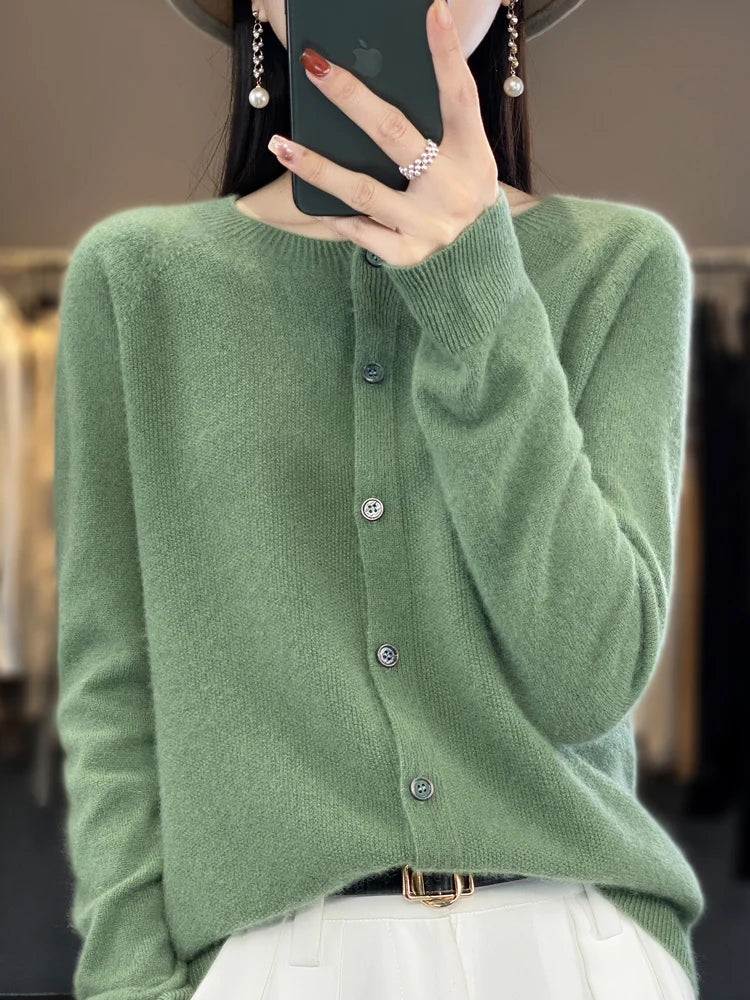 Display of various colors of the women's merino wool fine-knit O-neck sweater, soft & warm