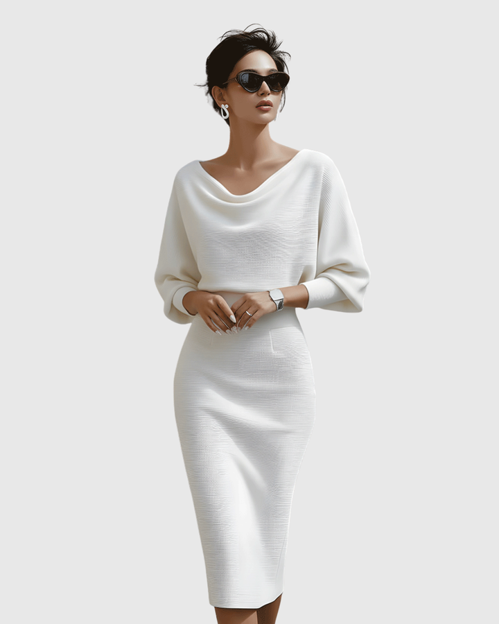 Versatile women's midi dress, perfect as a day or evening dress, with cowl neck and flattering batwing sleeves.