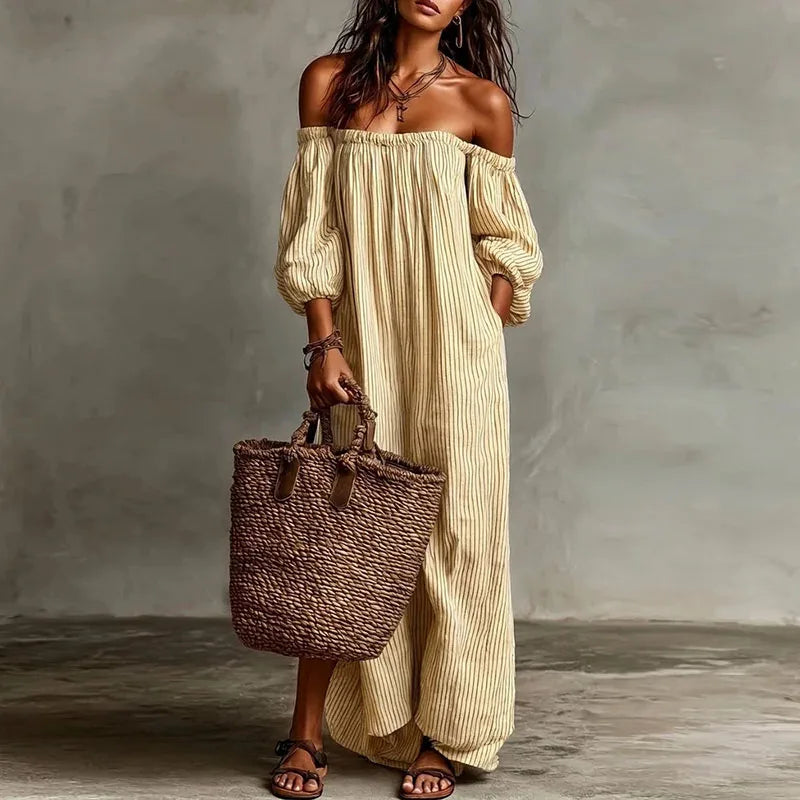 Versatile women's off-shoulder maxi dress; elegant for parties, casual for summer vacation.