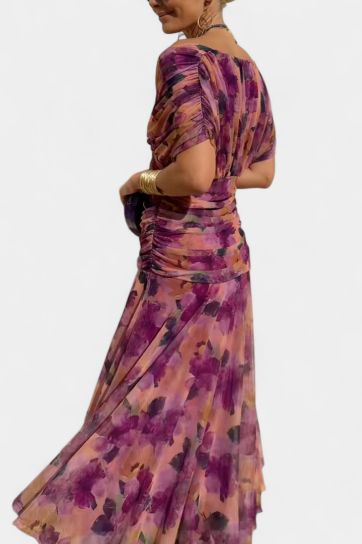 Women's elegant evening midi dress, off-shoulder design with flattering ruched and twist details.
