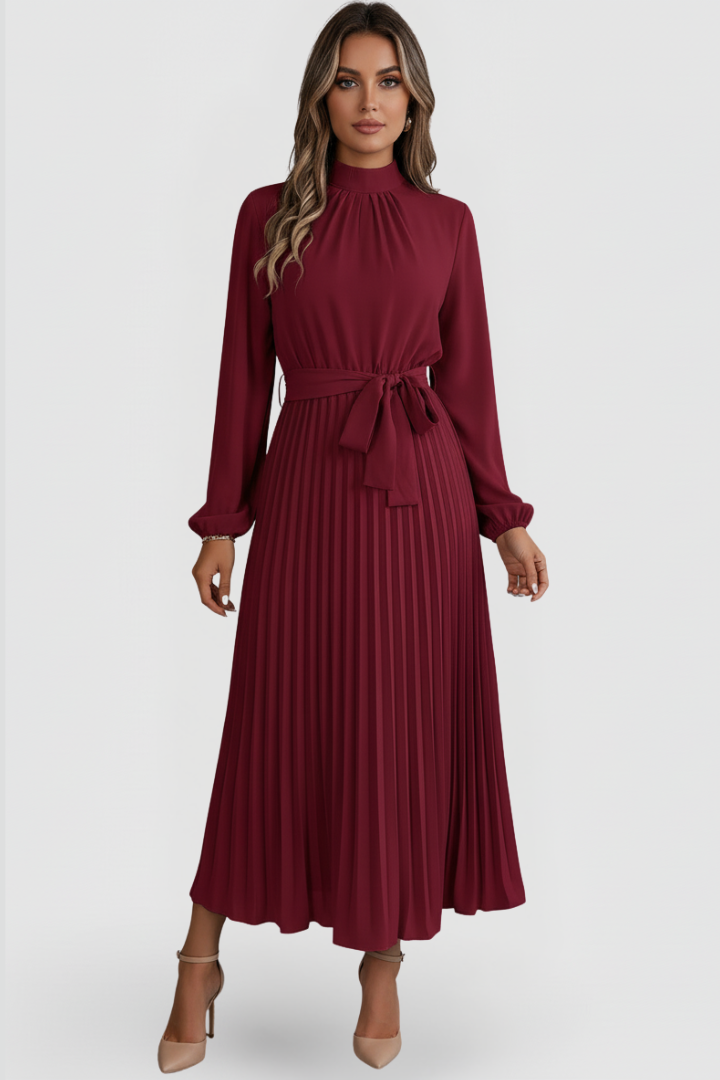 Sophisticated women's midi dress, long sleeves, delicate pleats, and a stylish waist tie detail.