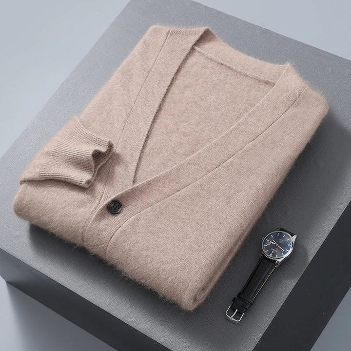 Soft pure cashmere V-neck cardigan for women, a luxurious and comfortable winter fashion essential.
