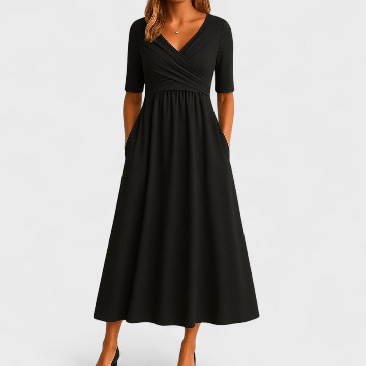 Sophisticated women's midi wrap dress, A-line cut with V-neck, ideal for party or work events.
