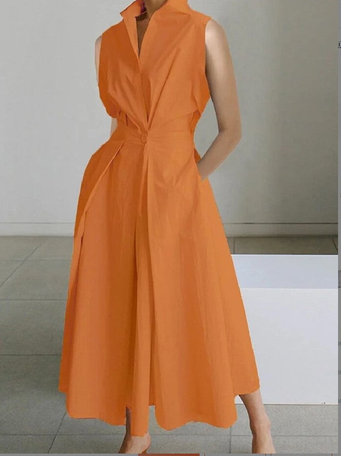 New elegant women's A-line midi dress. Sleeveless, with a stylish lapel and essential pockets. Versatile for office or summer.