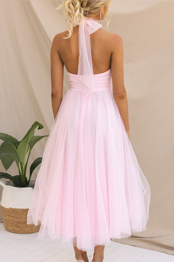 Full view of a women's elegant tulle midi dress, a stunning choice for formal parties & celebrations.