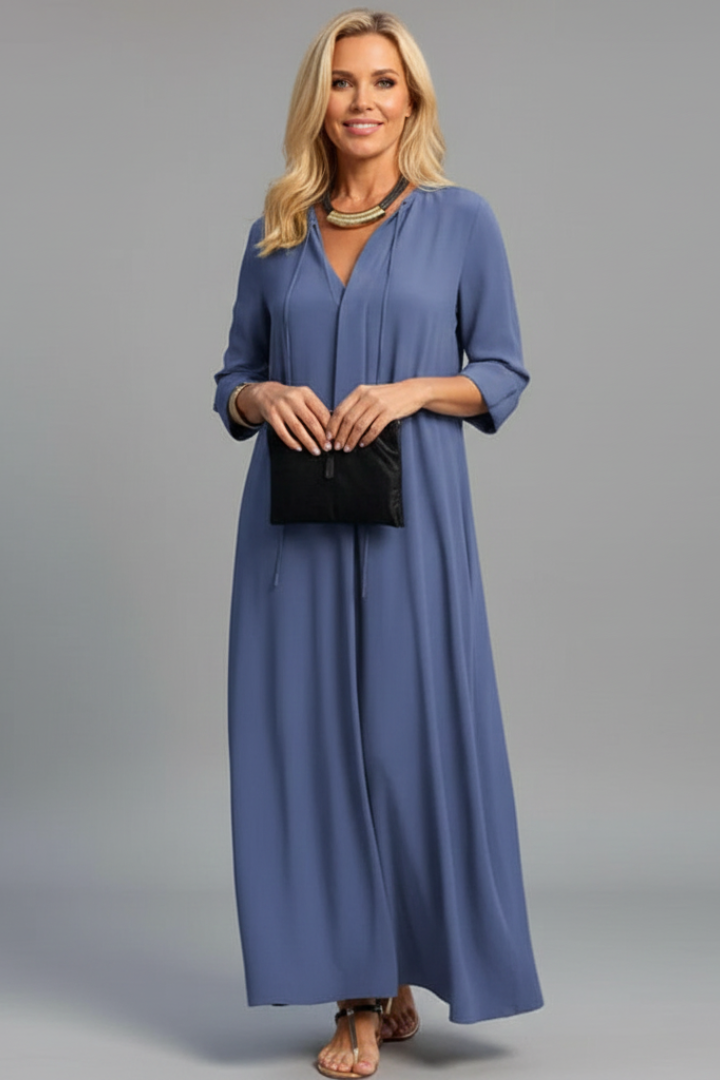 Women's elegant V-neck long sleeve ankle dress, featuring a flattering fit for all body types.