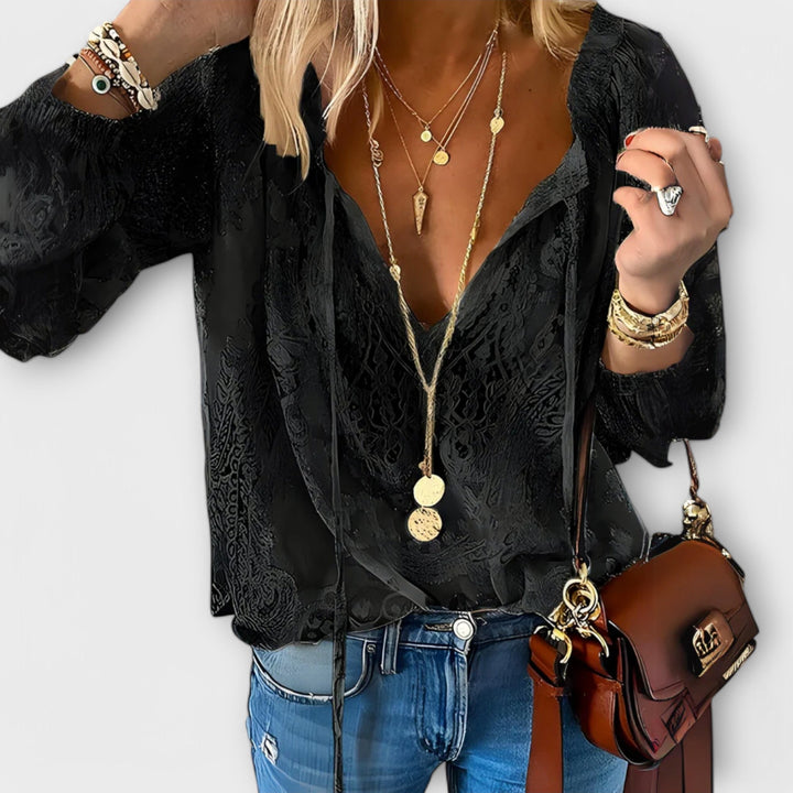 White V-neck long sleeve lace blouse for women, featuring an elegant design ideal for versatile office & date night outfits.