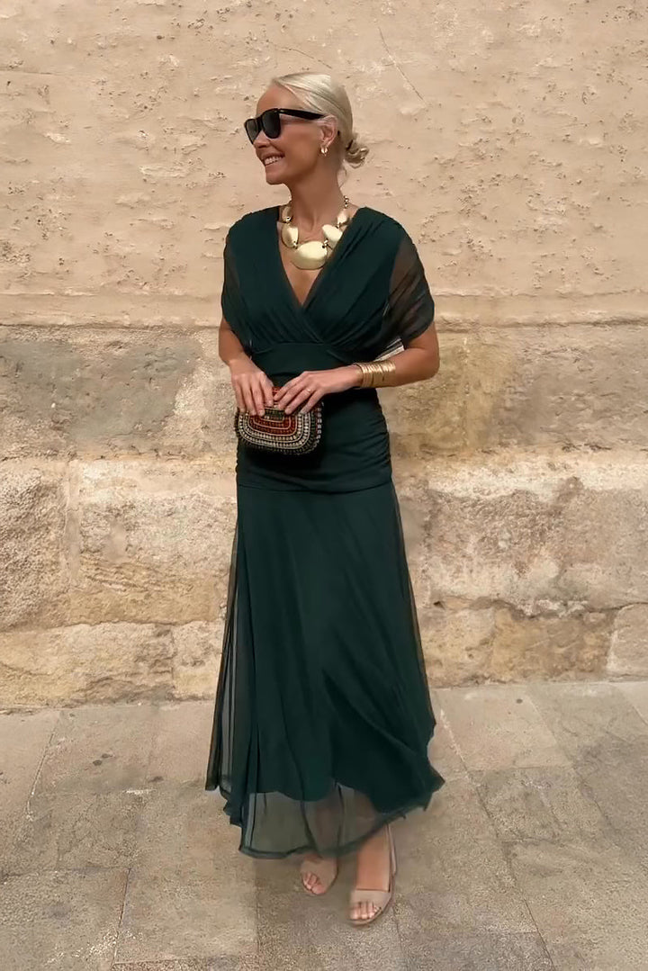Elegant women's V-neck pleated maxi dress, perfect for wedding guests & evening parties.