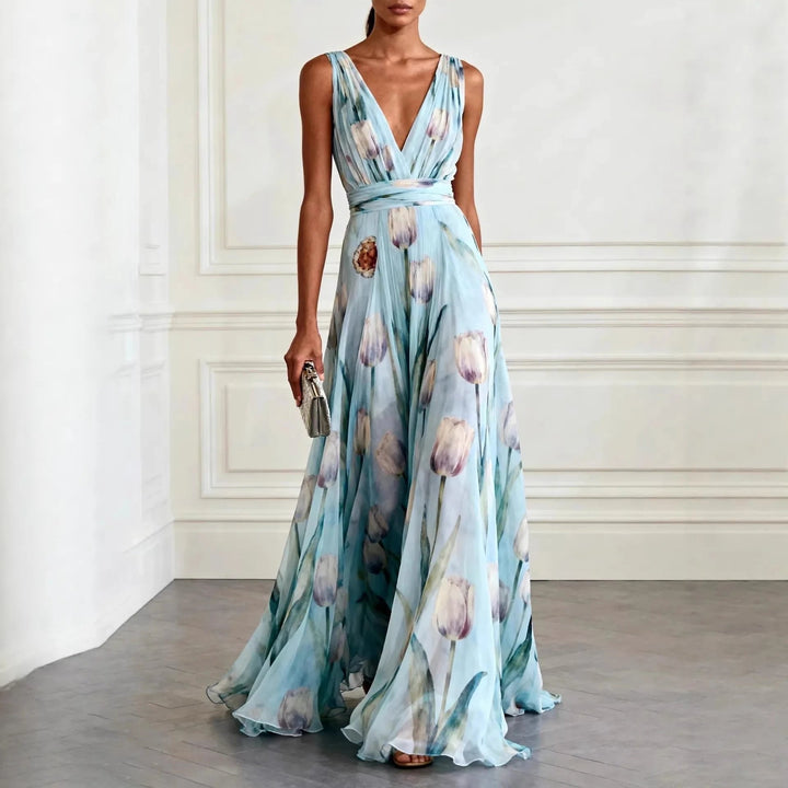 Elegant women's V-neck wrap maxi dress with vibrant floral design, perfect for summer occasions.