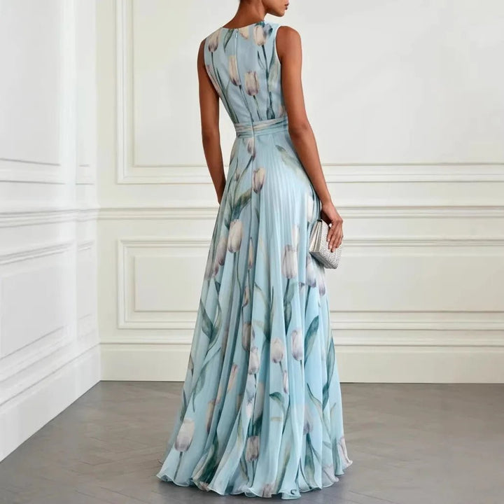 Front view of women's elegant floral V-neck wrap maxi dress with flowy skirt and adjustable tie waist.