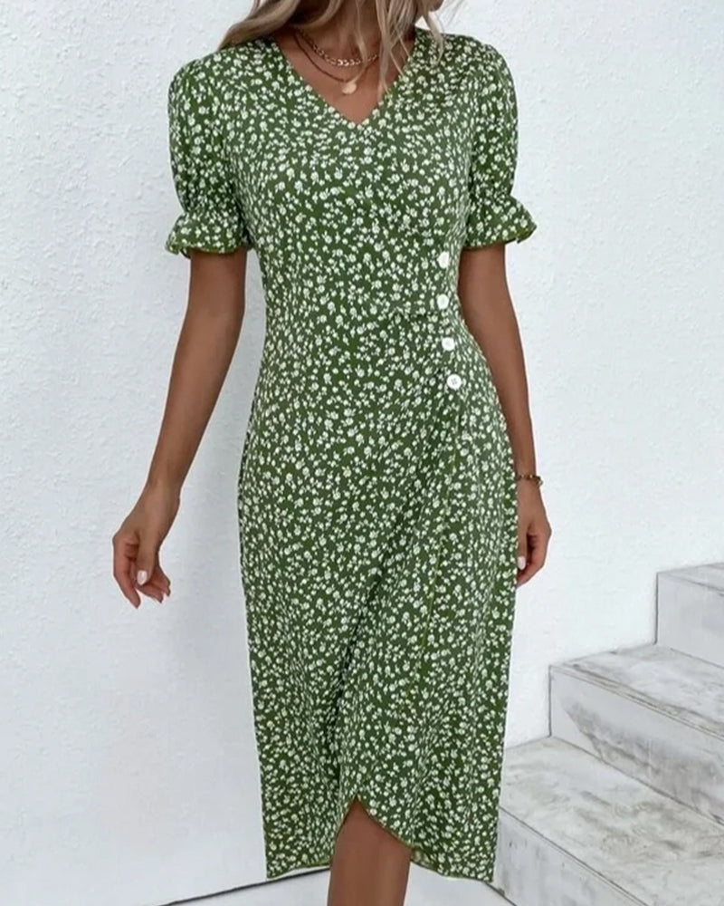Versatile V-neck wrap long dress for women, featuring sophisticated puff sleeves and a midi length.
