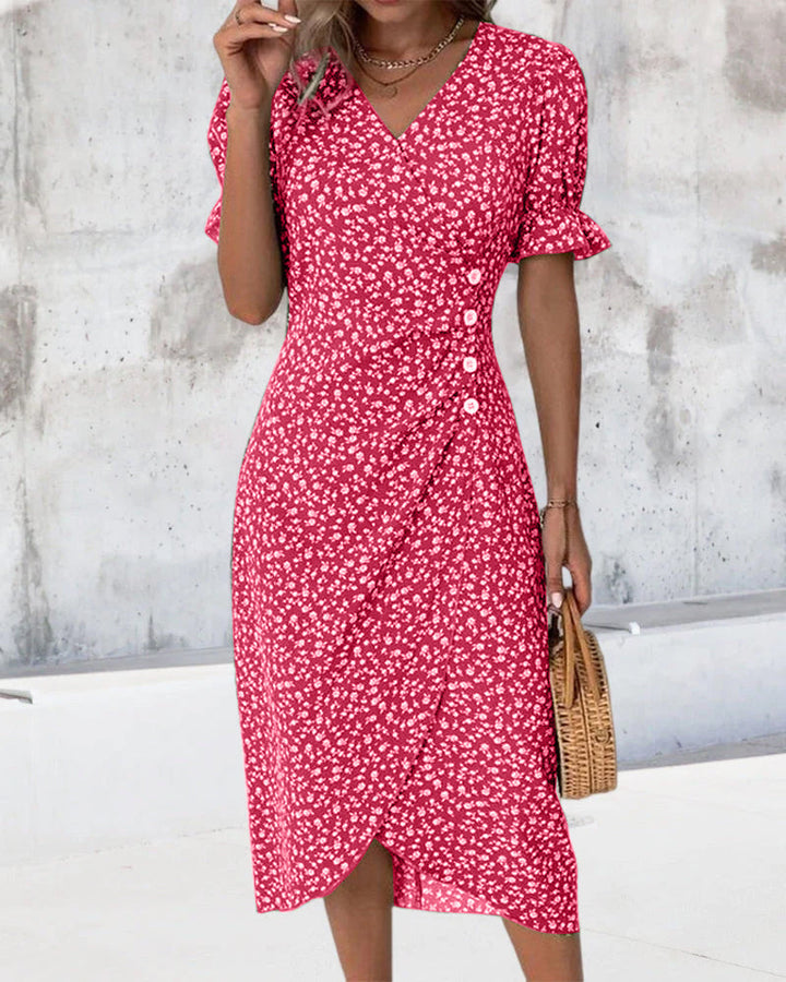 Classic women's V-neck wrap midi dress with elegant puff sleeves, ideal for any season's fashion.