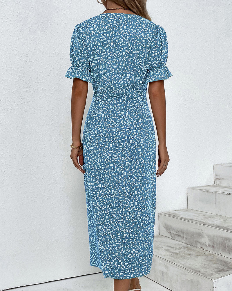 Fashionable women's midi dress with a flattering V-neck, wrap detail, and elegant puff sleeves.
