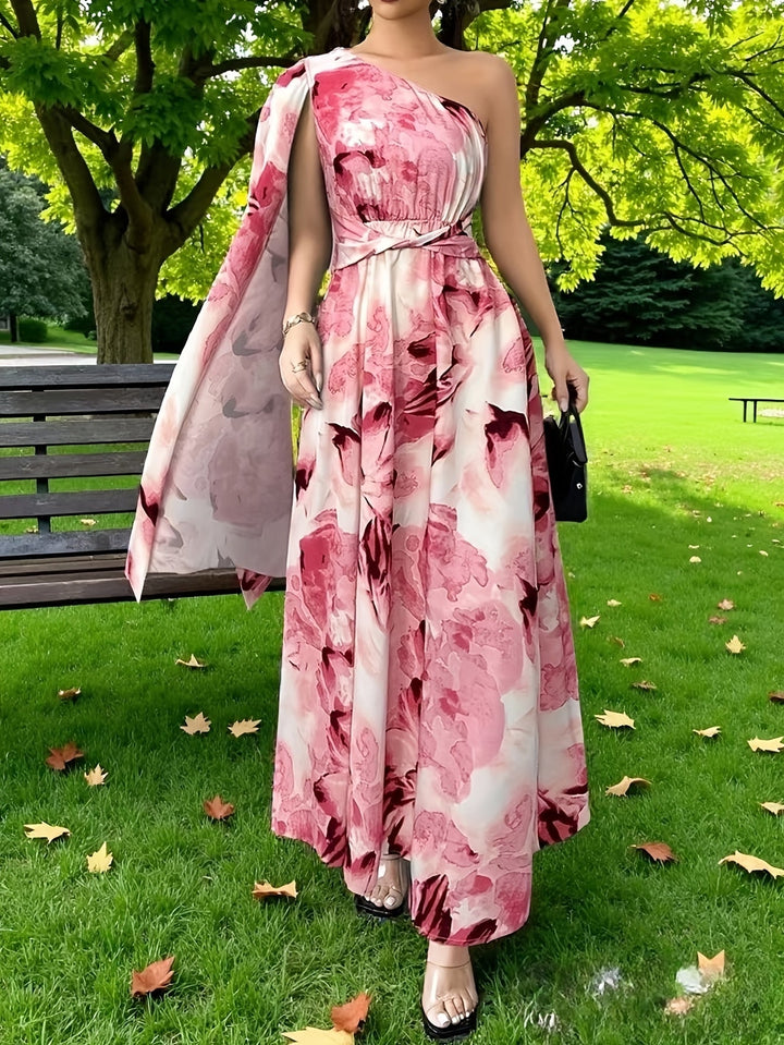 Chic long floral one-shoulder maxi dress, ideal wedding guest attire for women.