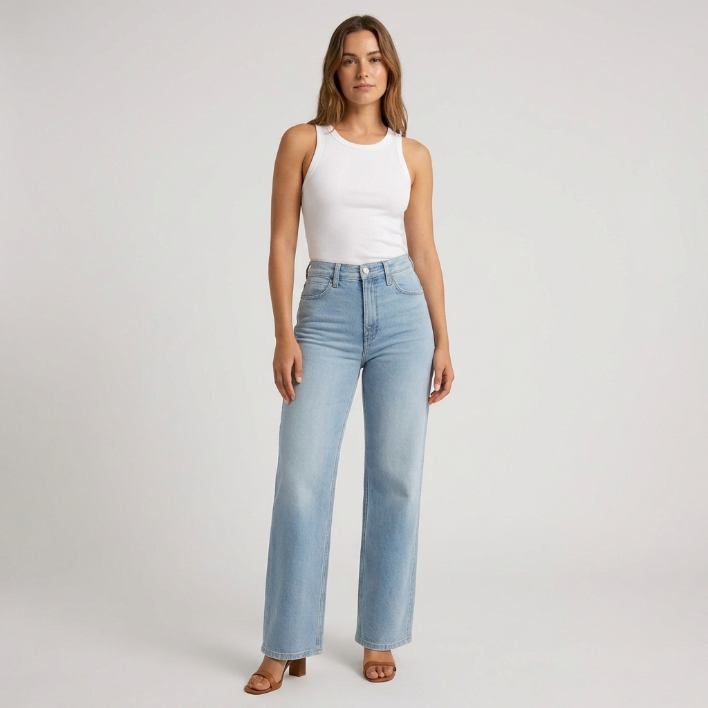 Dark blue high-waisted straight leg cropped jeans for women, perfect casual everyday denim with a modern fit.