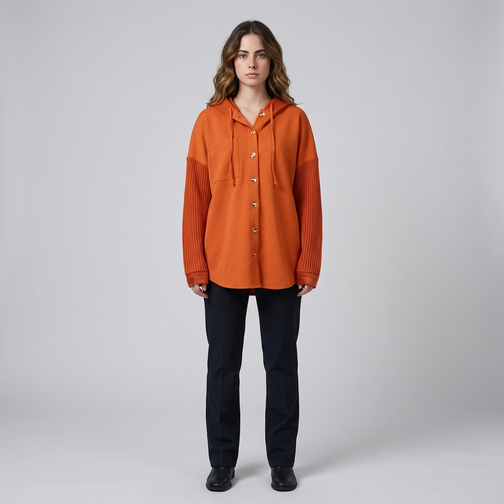 Women's oversized hooded sweatshirt, button-front, long sleeve. Perfect for casual comfort & loungewear.