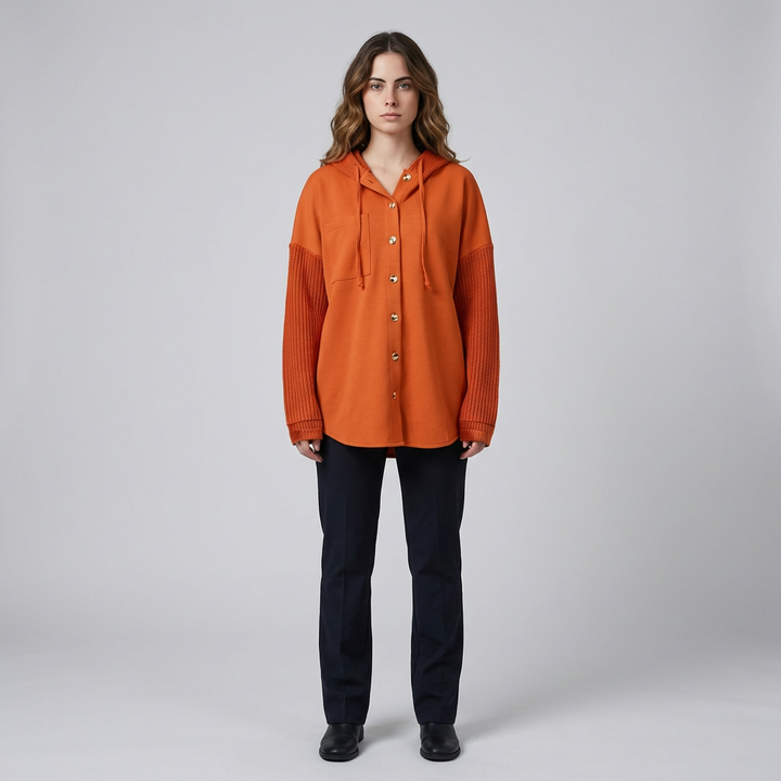 Women's oversized hooded sweatshirt, button-front, long sleeve. Perfect for casual comfort & loungewear.