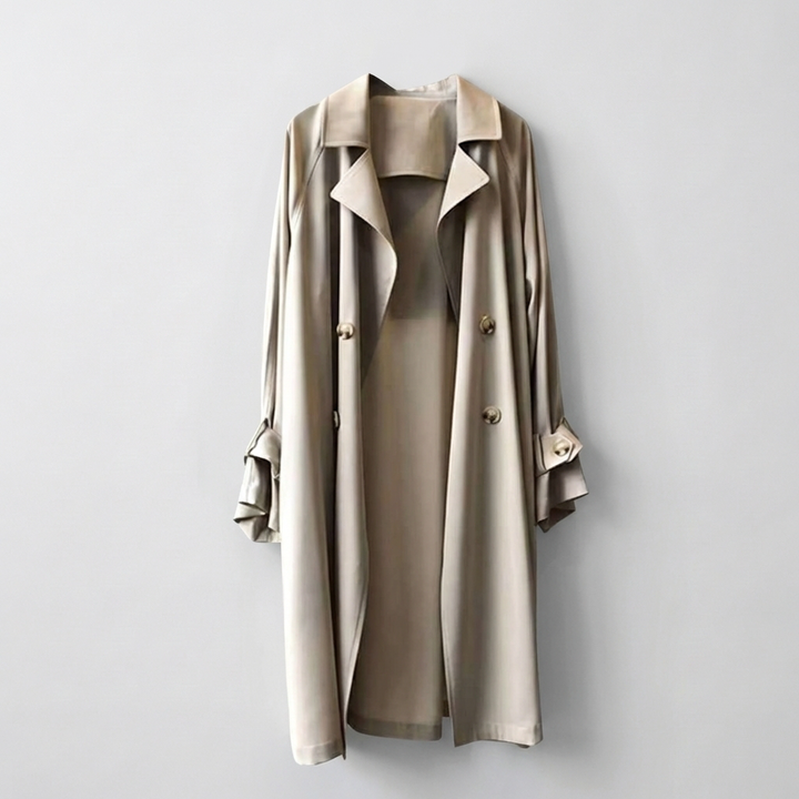 Stylish women's long trench coat in a chic, elegant design, suitable for transitional spring & fall weather, a wardrobe essential.