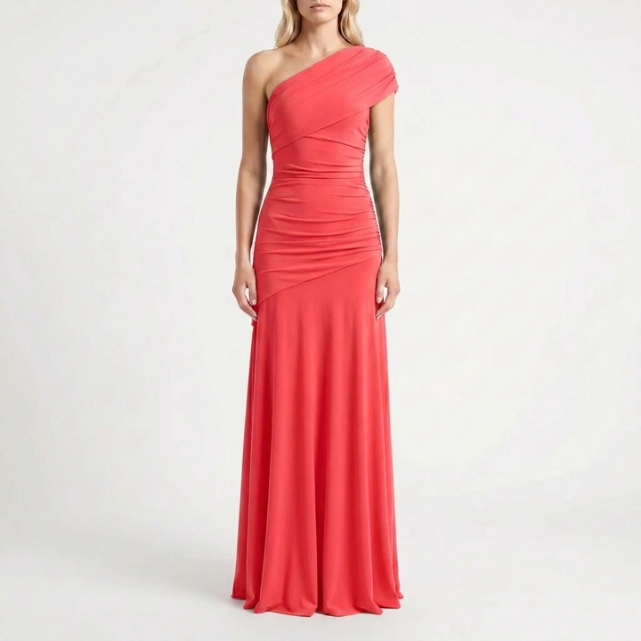 Flattering asymmetric long dress for women with one-shoulder design, a sophisticated formal evening gown.