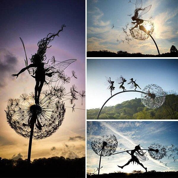Elegant metal fairy blowing dandelion on a garden stake, whimsical outdoor decor for any yard or patio.