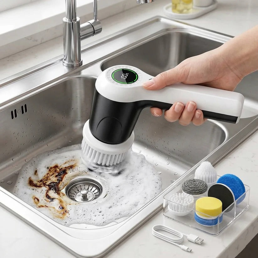 Efficient cordless electric scrubber, ideal for deep cleaning bathroom tiles, grout, and kitchen surfaces.