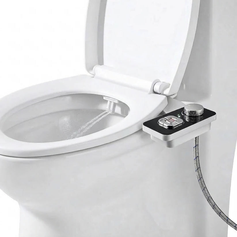 Unisex cold water bidet toilet seat attachment, non-electric, with self-cleaning dual nozzles for enhanced hygiene.