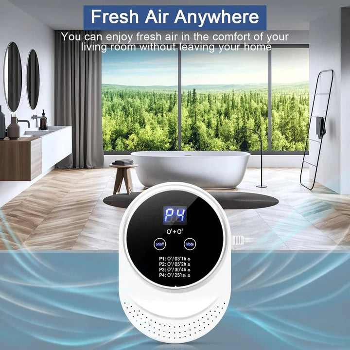 Compact indoor air purifier and odor eliminator, smart programmable cycles for a fresh home.