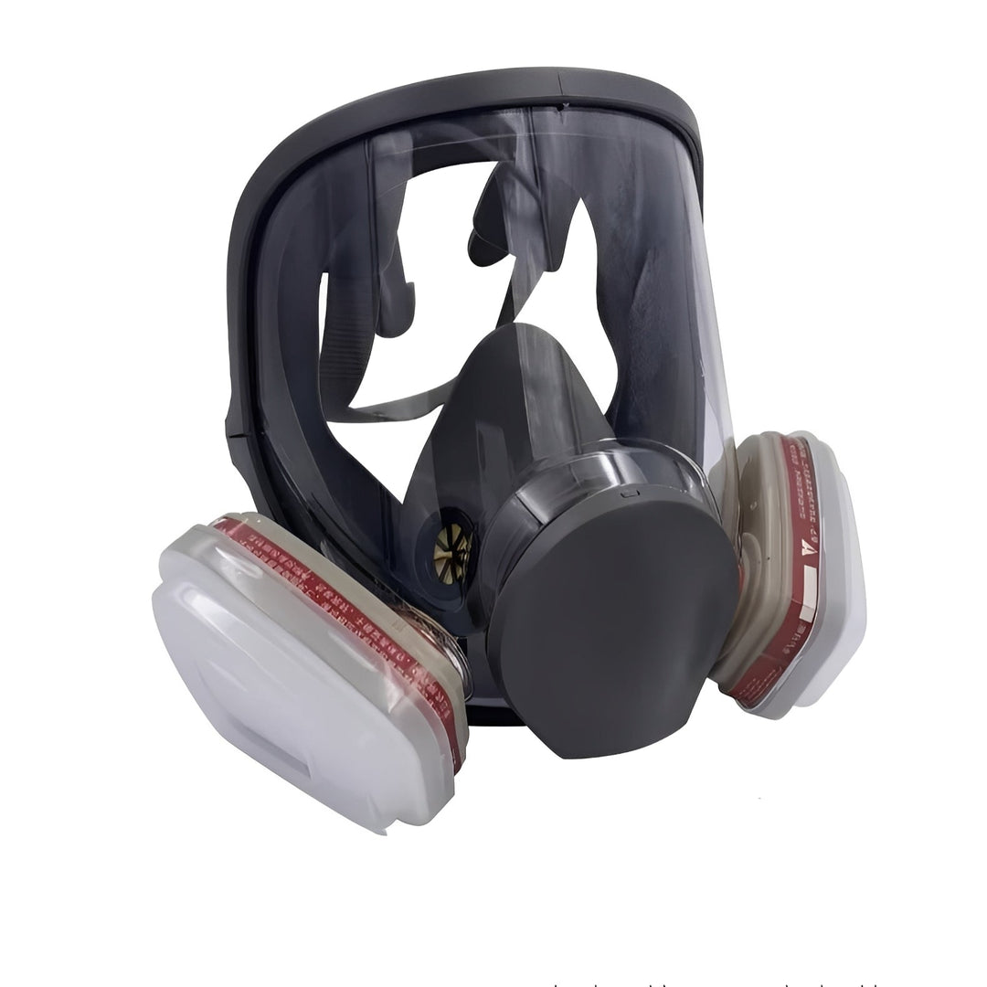 Full face dust & chemical protection mask featuring anti-fog lens and secure silicone seal for industrial work safety.
