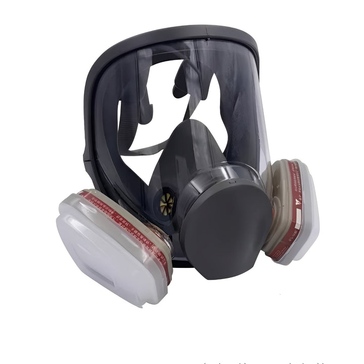 Full face dust & chemical protection mask featuring anti-fog lens and secure silicone seal for industrial work safety.