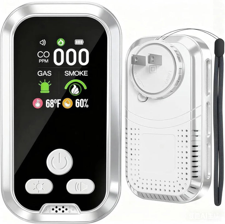 Compact rechargeable CO, gas & smoke alarm for home/RV safety. Detects carbon monoxide & flammable gas with LCD alerts.