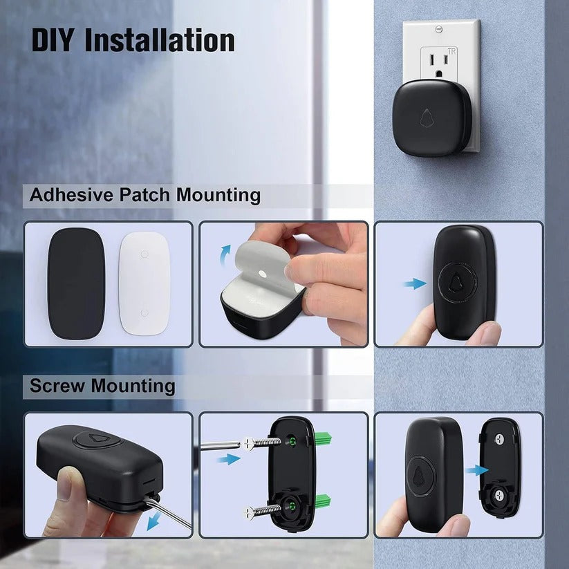 Home security door chime & alert system; wireless, 1000ft range, 58 melodies, LED flash, IP55 waterproof.
