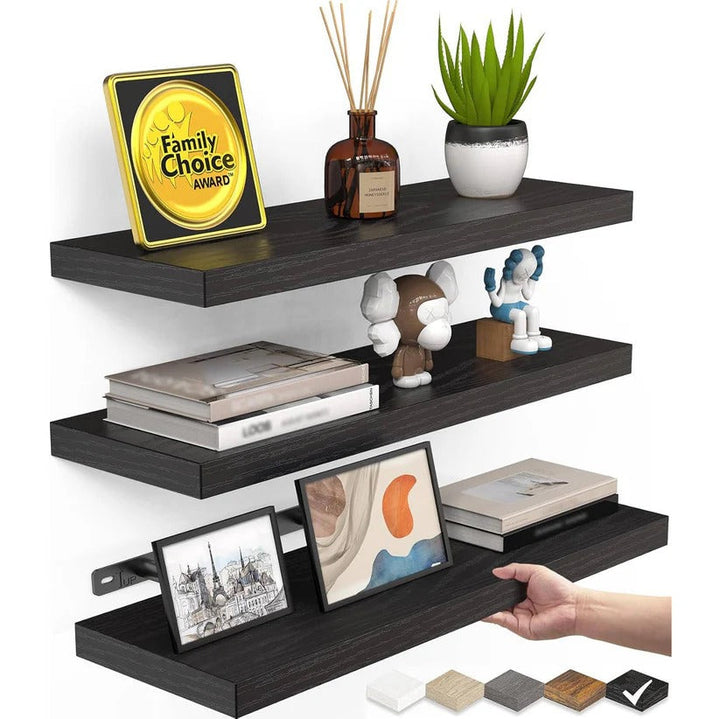 Rustic wooden floating wall shelves, ideal for modern farmhouse home decor & storage.