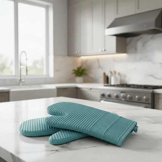 Heat resistant silicone oven mitts, non-slip grip for safe cooking, baking, and grilling.