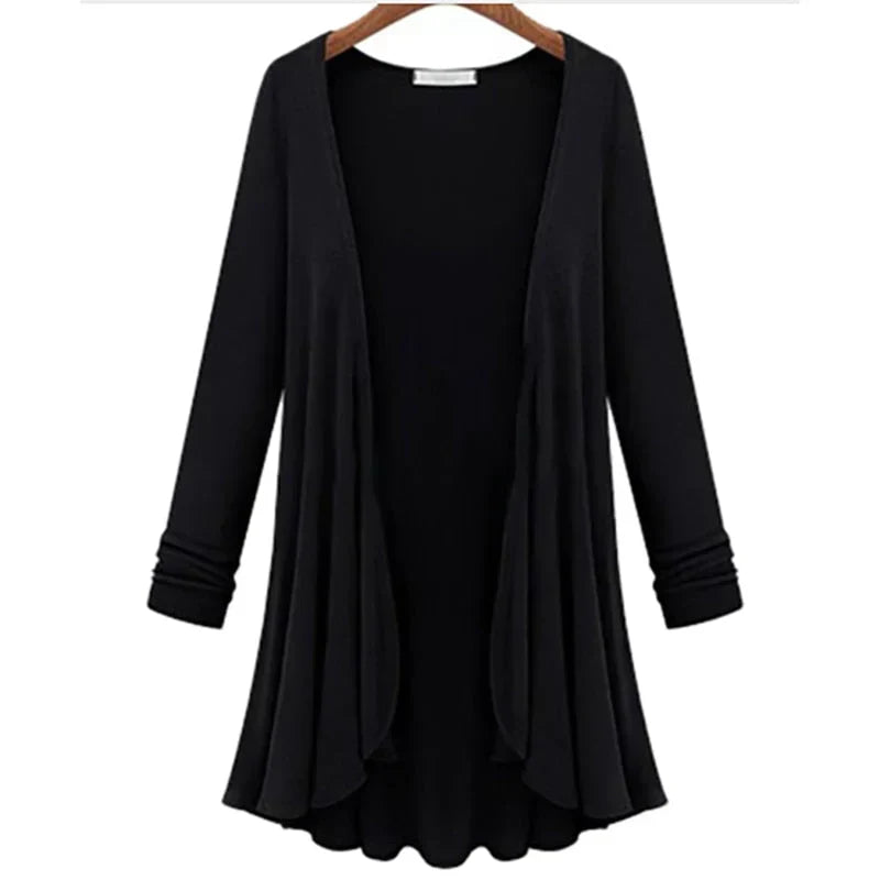 Versatile women's flowy ruffle cardigan, elegant open front sweater for any occasion.