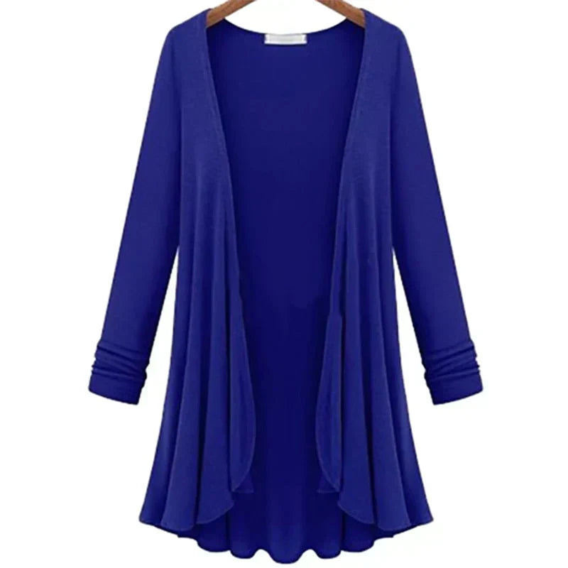 Women's elegant open front knit cardigan with flowy ruffles, feminine outerwear.