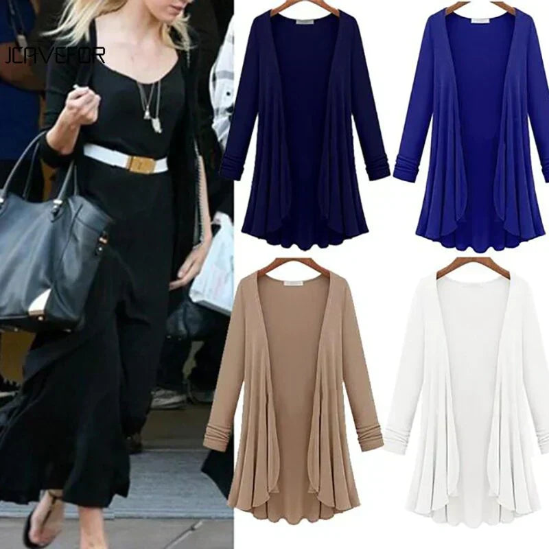 Elegant women's open front ruffle cardigan, perfect for fall and spring fashion.