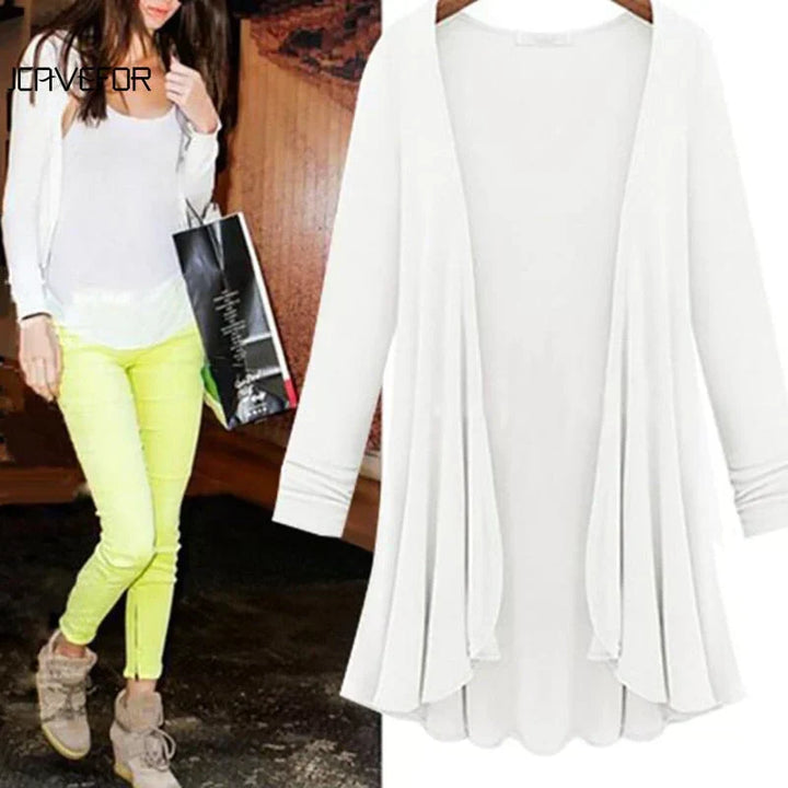 Chic women's long sleeve open front cardigan with stylish flowy ruffles.